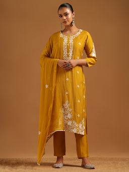 Soch - Mustard Embroidered Round Neck Kurta With Pant & Dupatta