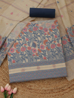 Soch - Women's Beige Chanderi Woven Design Unstitched Top & Bottom With Dupatta