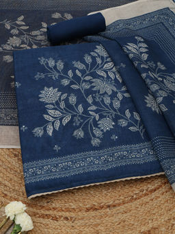 Soch - Womens White Linen Dress Material with Floral Print Sequins