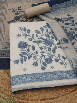 Soch - Womens Navy Blue Linen Dress Material with Floral Print Sequins