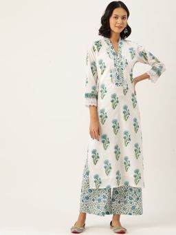Jaipur Morni - Cotton White Printed V-Neck Women Kurta Palazzo (Set of 2)