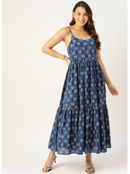 Jaipur Morni - Cotton Blue Printed Round Neck Shoulder Straps Women Dresses