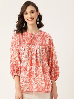 Jaipur Morni - Cotton Coral Printed Tie-up Neck Three Fourth Sleeves Women Top