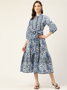 Jaipur Morni - Cotton White and Blue Printed Mandarin Collar Three Fourth Sleeves Women Dresses