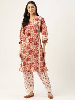 Jaipur Morni - Cotton Cream Printed Round Neck Three Fourth Sleeves Women Kurta Pant (Set of 2)