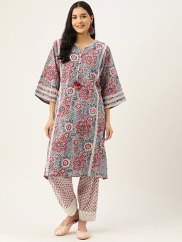 Jaipur Morni - Cotton Grey Printed Round Neck Three Fourth Sleeves Women Kurta Pant (Set of 2)