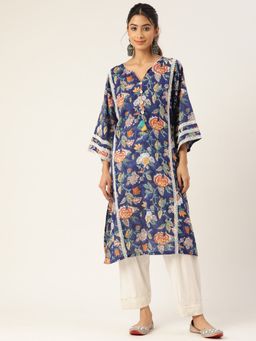 Jaipur Morni - Cotton Dark Blue Printed V-Neck Three Fourth Sleeves Women Kurta Pant (Set of 2)