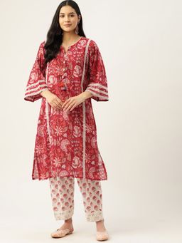 Jaipur Morni - Cotton Red Printed Round Neck Three Fourth Sleeves Women Kurta Pant (Set of 2)