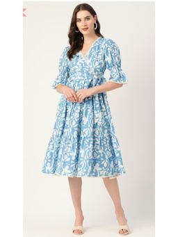 Jaipur Morni - Cotton Blue Printed V-Neck Half Sleeves Women Dresses