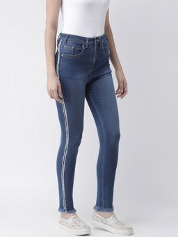 KASSUALLY - Navy Blue Skinny Fit Mid-Rise Clean Look Jeans with Side Stripes