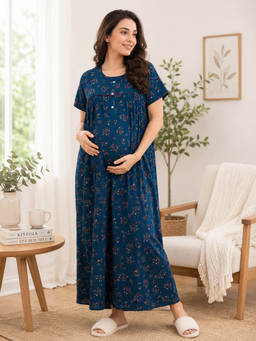 MomToBe - Women Teal Blue Floral Printed Maxi Nightdress