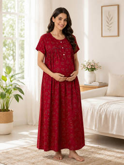 MomToBe - Women Scarlet Red Floral Printed Maxi Nightdress