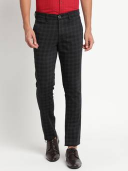 Turtle - Men Cotton Stretch Narrow Fit Charcoal Grey Checks Casual Trouser