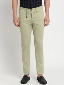 Turtle - Men Cotton Stretch Narrow Fit Light Olive Stripes Casual Trouser