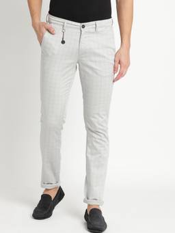 Turtle - Men Cotton Stretch Narrow Fit Grey Melange Checks Casual Trouser