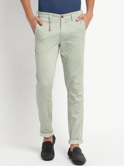 Turtle - Men Cotton Stretch Narrow Fit Light Green Checks Casual Trouser