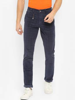 Turtle - Men Corduroy Ultra Slim Fit Navy Blue Checks Casual Trouser