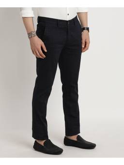 Turtle - Men Cotton Stretch Narrow Fit Navy Blue Checks Casual Trouser