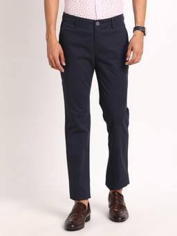 Turtle - Men Cotton Stretch Ultra Slim Fit Navy Blue Solid Casual Trouser