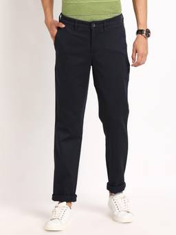 Turtle - Men Cotton Stretch Ultra Slim Fit Navy Blue Dobby Print Casual Trouser