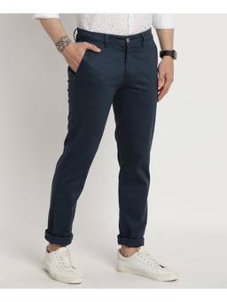 Turtle - Men Cotton Stretch Ultra Slim Fit Teal Blue Dobby Print Casual Trouser
