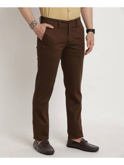 Turtle - Men Cotton Stretch Ultra Slim Fit Brown Dobby Print Casual Trouser