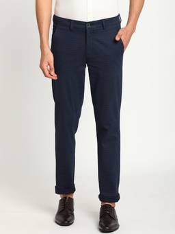 Turtle - Men Cotton Stretch Ultra Slim Fit Navy Blue Checks Casual Trouser