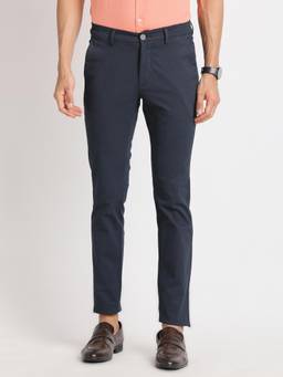 Turtle - Men Cotton Stretch Ultra Slim Fit Navy Blue Printed Casual Trouser