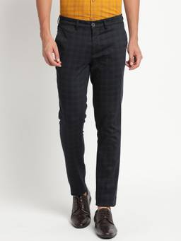 Turtle - Men Cotton Stretch Narrow Fit Navy Blue Checks Casual Trouser