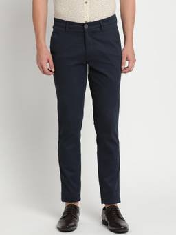 Turtle - Men Cotton Stretch Narrow Fit Navy Blue Dobby Print Casual Trouser
