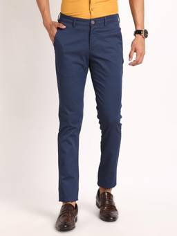 Turtle - Men Cotton Stretch Narrow Fit Navy Blue Printed Casual Trouser