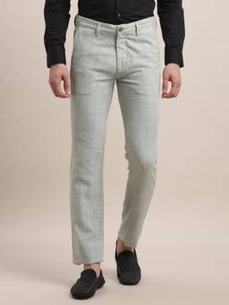 Turtle - Men Cotton Linen Ultra Slim Fit Grey Checks Casual Trouser