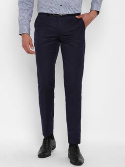 Turtle - Men Terry Rayon Slim Fit Navy Blue Dobby Print Formal Trouser