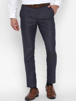 Turtle - Men Polyviscose Slim Fit Navy Blue Dobby Print Formal Trouser