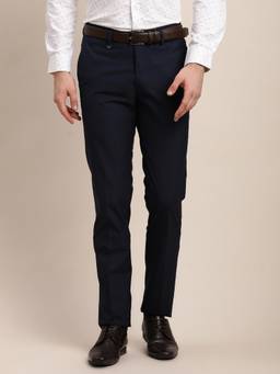 Turtle - Men Polyviscose Slim Fit Navy Blue Checks Formal Trouser