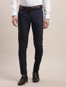 Turtle - Men Cotton Viscose Ultra Slim Fit Dark Blue Checks Formal Trouser