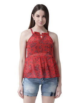 KASSUALLY - Red Floral Halter Peplum Top