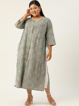 theRebelinme - Plus Size Womens Grey & Pink Floral Print Layered A-Line Midi Dress