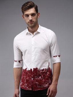 SHOWOFFFF - Men White Collar Neck Graphic Comfort Fit Shirt