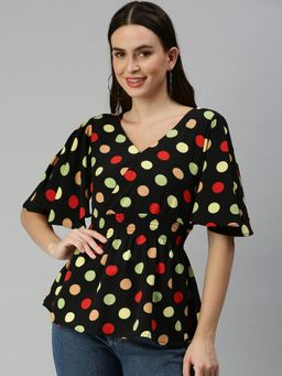 SHOWOFF - Women V-Neck Polka Dots Black Regular Top