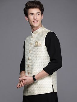 Manyavar - Beige Sleeveless Mandarin Collar Nehru Jacket