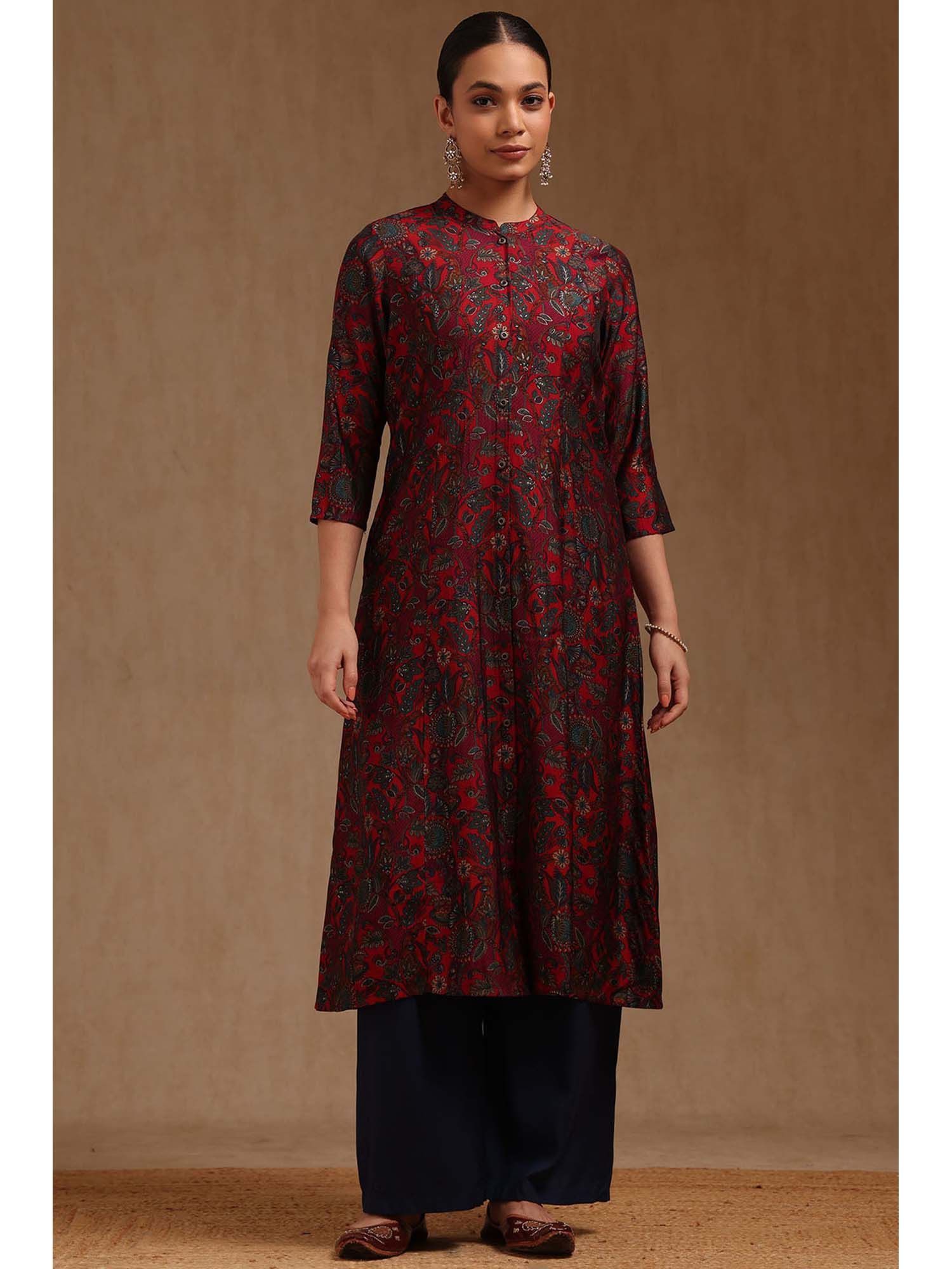 soch Red Muslin Botanical Print Kurta-picture-11