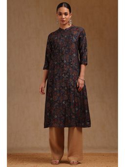 Soch - Navy Blue Muslin Botanical Print Kurta