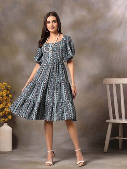 Stylum - Blue Bandhani Printed Rayon Tiered Dress