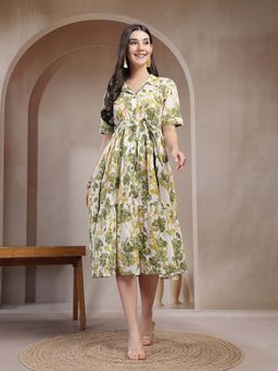 Stylum - White Floral Printed Cotton Flared Dress with Belt