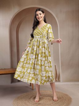 Stylum - Green Ikat Printed Cotton Flared Dress