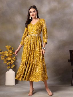 Stylum - Mustard Bandhani Printed Rayon Tiered Dress