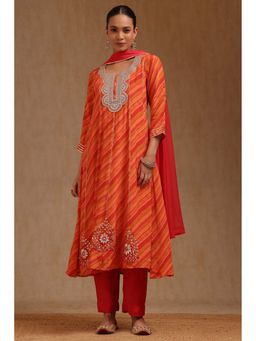 Soch - Orange Crepe Leheriya Print Kurta with Pant and Dupatta