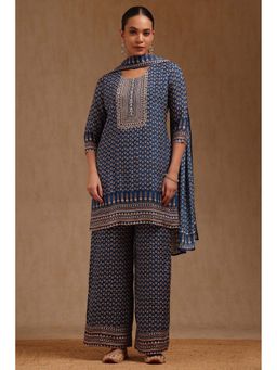 Soch - Blue Muslin Floral Print Kurta with Palazzo and Dupatta