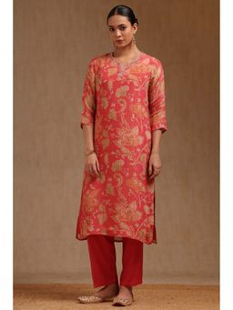 Soch - Pink Tissue Botanical Print Kurta with Pant